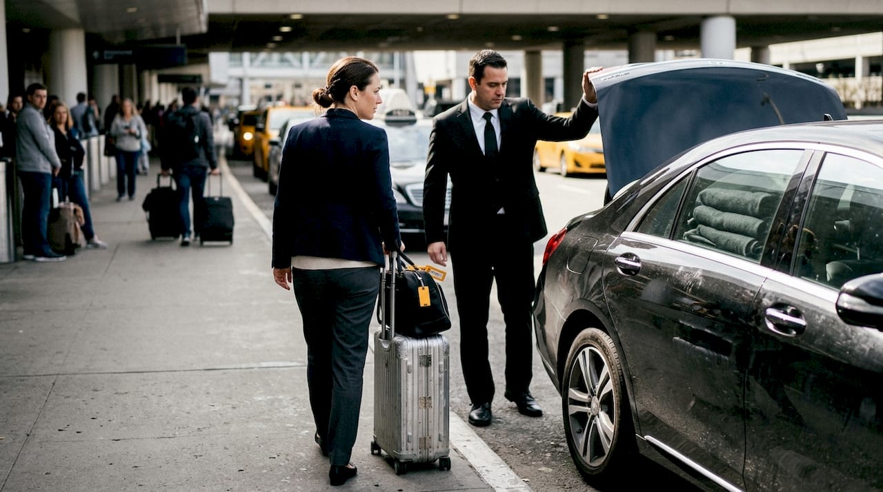 Client and chauffeur walking to luxury sedan