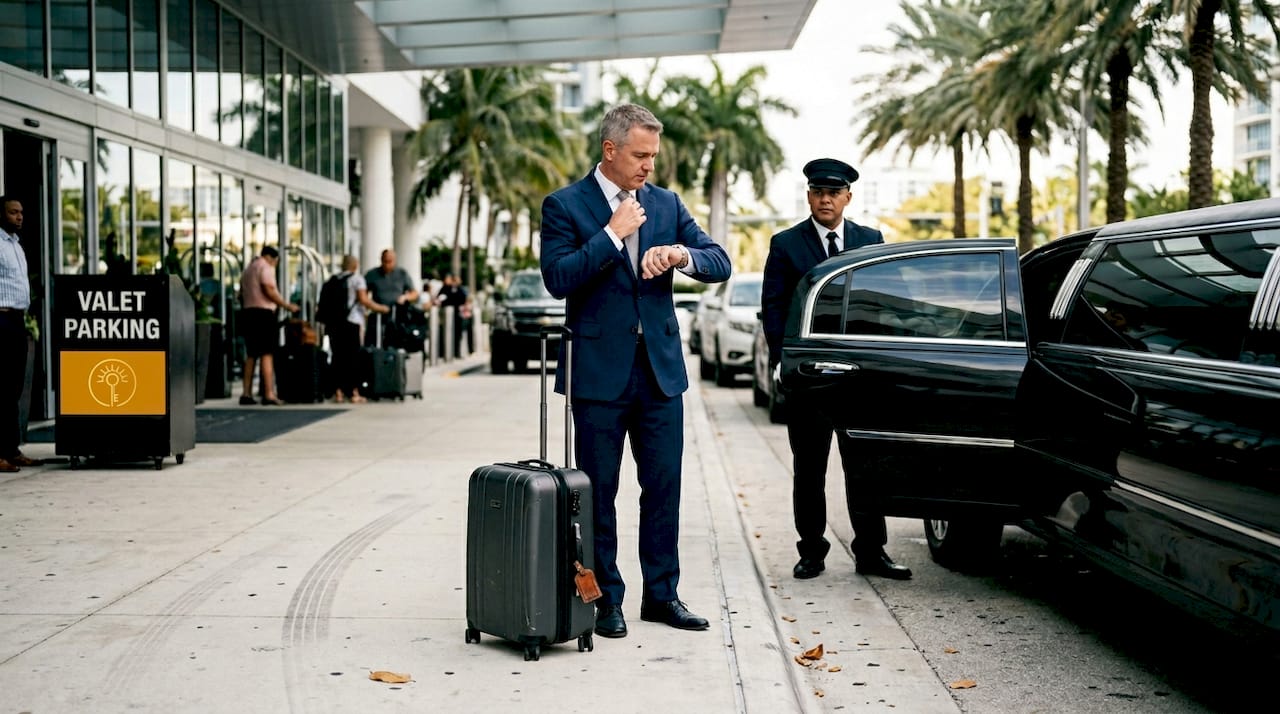 Man waiting for hotel limo pickup curbside