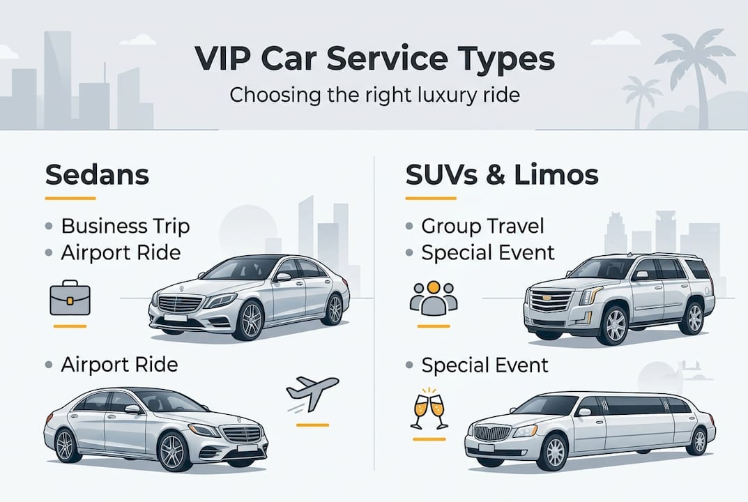 Infographic comparing VIP car types and uses