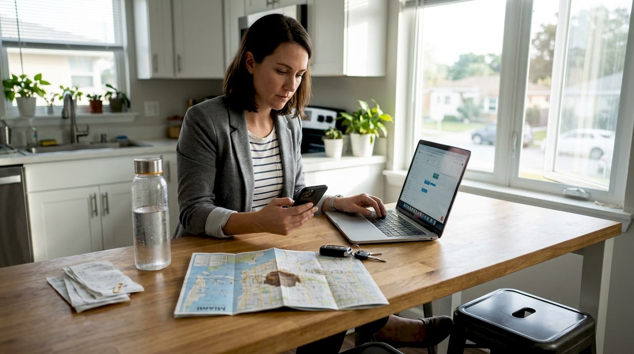 Traveler booking VIP ride on phone at counter