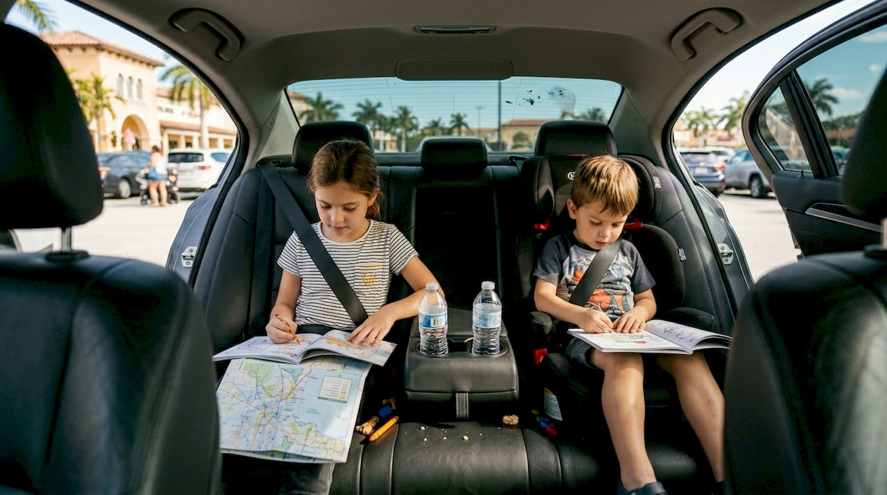 Kids relax in comfortable luxury car interior