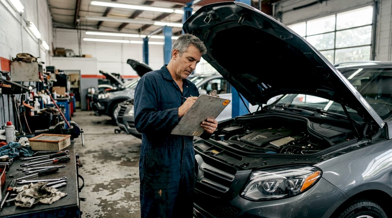 Mechanic inspecting luxury SUV in garage