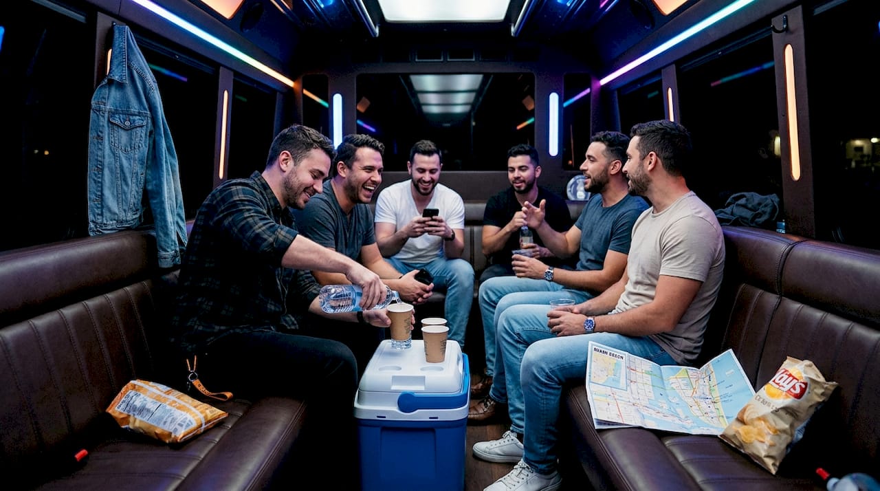 Group relaxing inside lively party bus