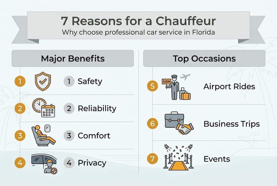 Infographic listing seven chauffeur service benefits and uses