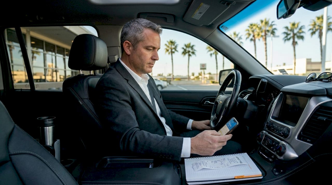 Chauffeur checks flight info inside parked SUV
