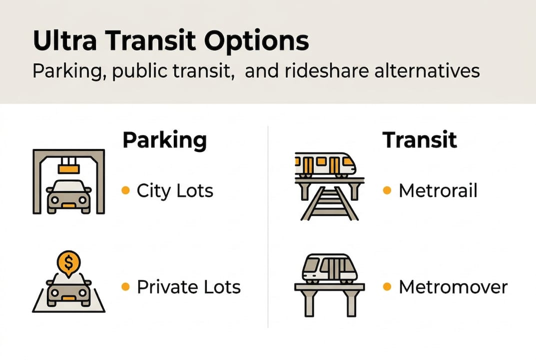 Infographic showing Ultra Miami parking and transit options