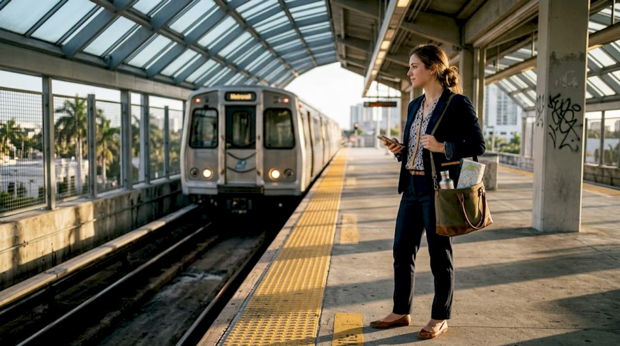 Miami VIP Car Service - 1776502542786 Woman waiting for Miami Metrorail public transit Woman waiting for Miami Metrorail public transit