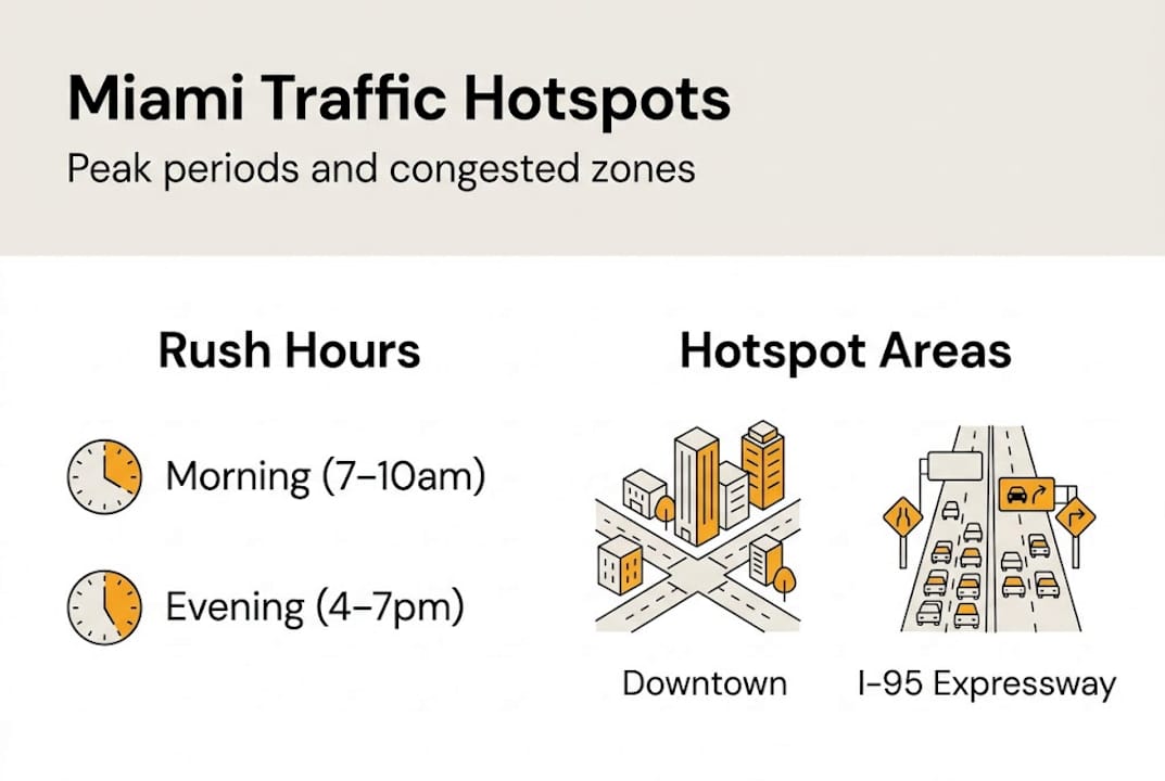 Miami VIP Car Service - 1776504083577 Miami traffic infographic with rush hours and hotspots Miami traffic infographic with rush hours and hotspots