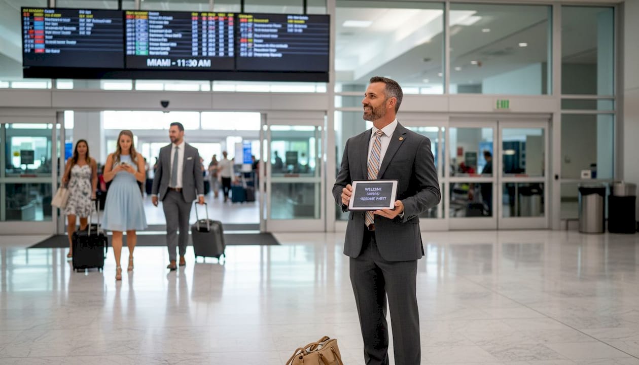 Chauffeur greeting wedding guests at Miami airport