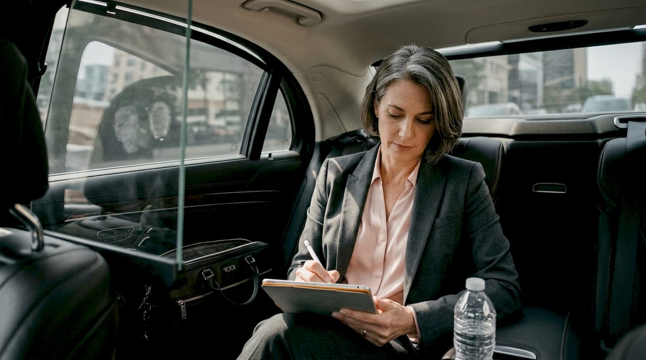 Executive working productively inside limo backseat