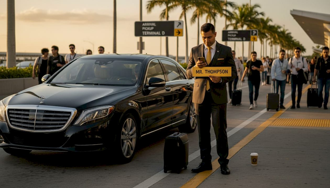 Chauffeur waiting curbside with guest sign at MIA