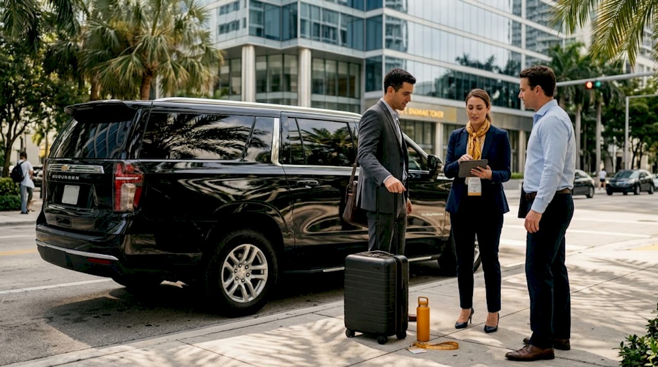 Business travelers with black SUV near Miami office