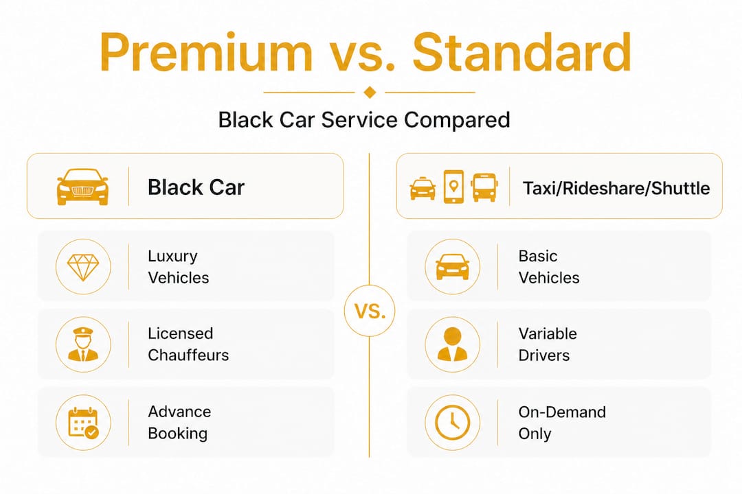 Infographic comparing black car with taxi and rideshare