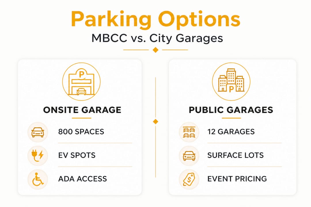 Split comparison of MBCC onsite parking and public garages