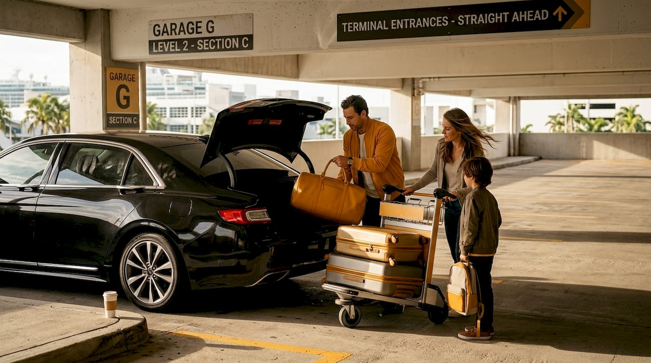 Family unloading luggage at PortMiami garage