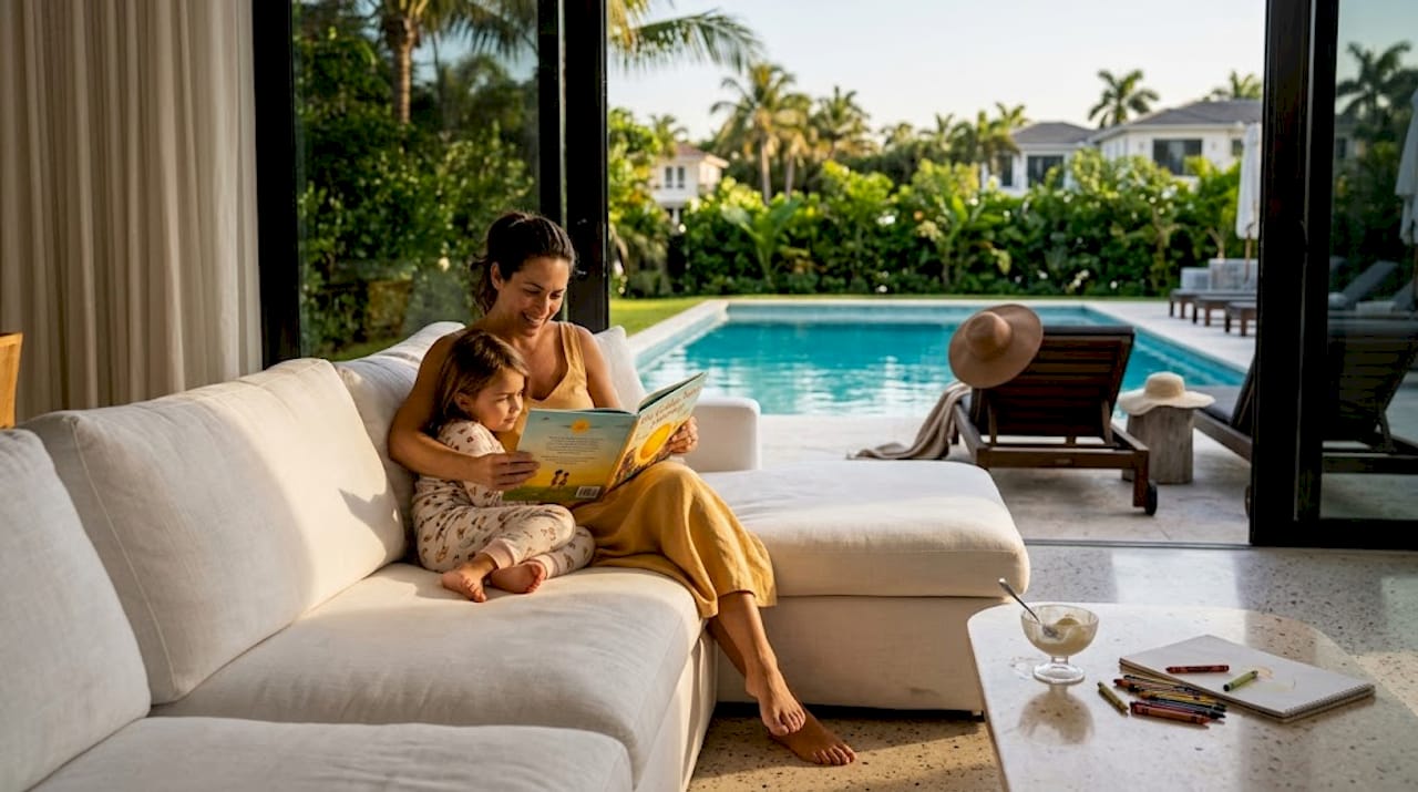 Family relaxing inside Miami luxury villa