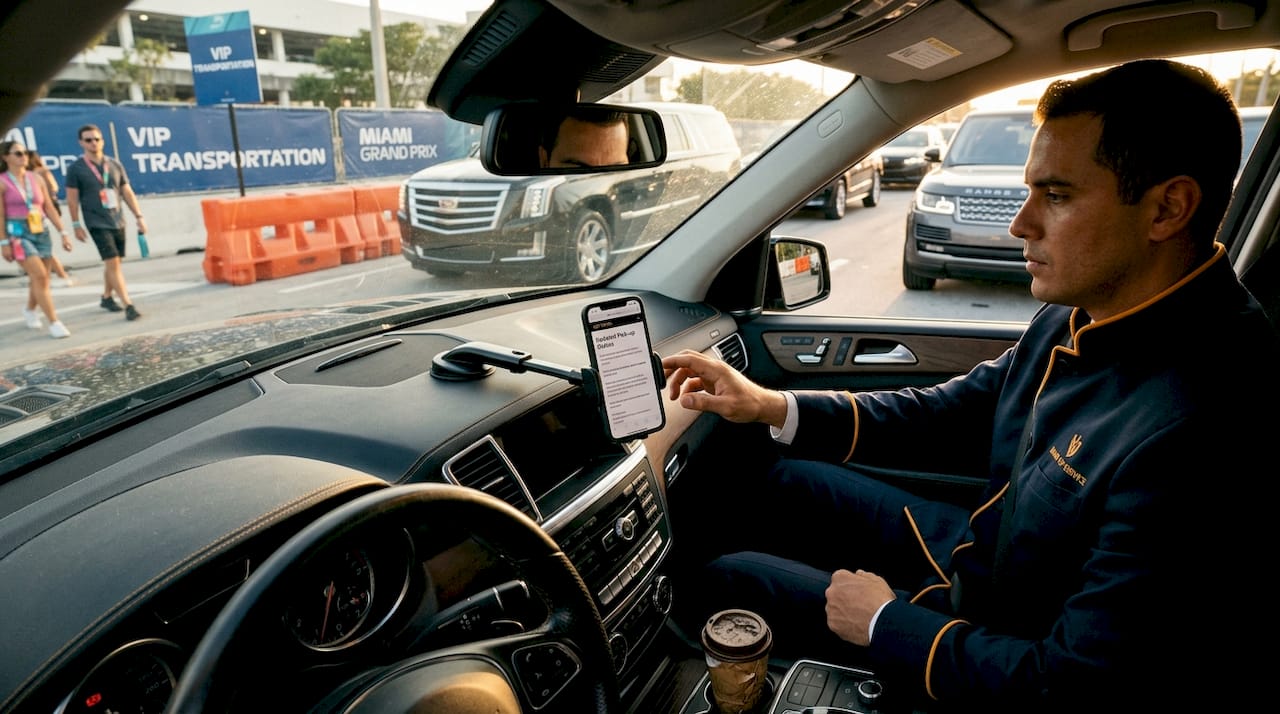 VIP driver reviews pick-up info in SUV