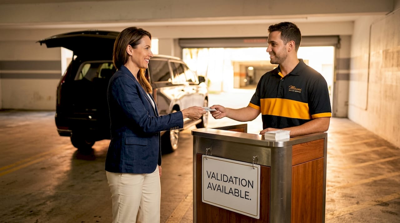 Miami VIP Car Service - 1778031220053 Woman getting parking validation in garage Woman getting parking validation in garage