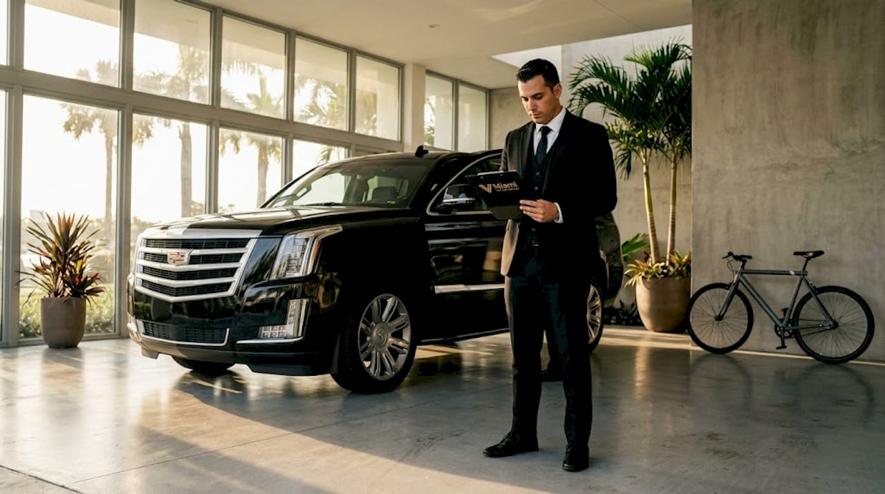 Chauffeur checks SUV in Brickell parking garage