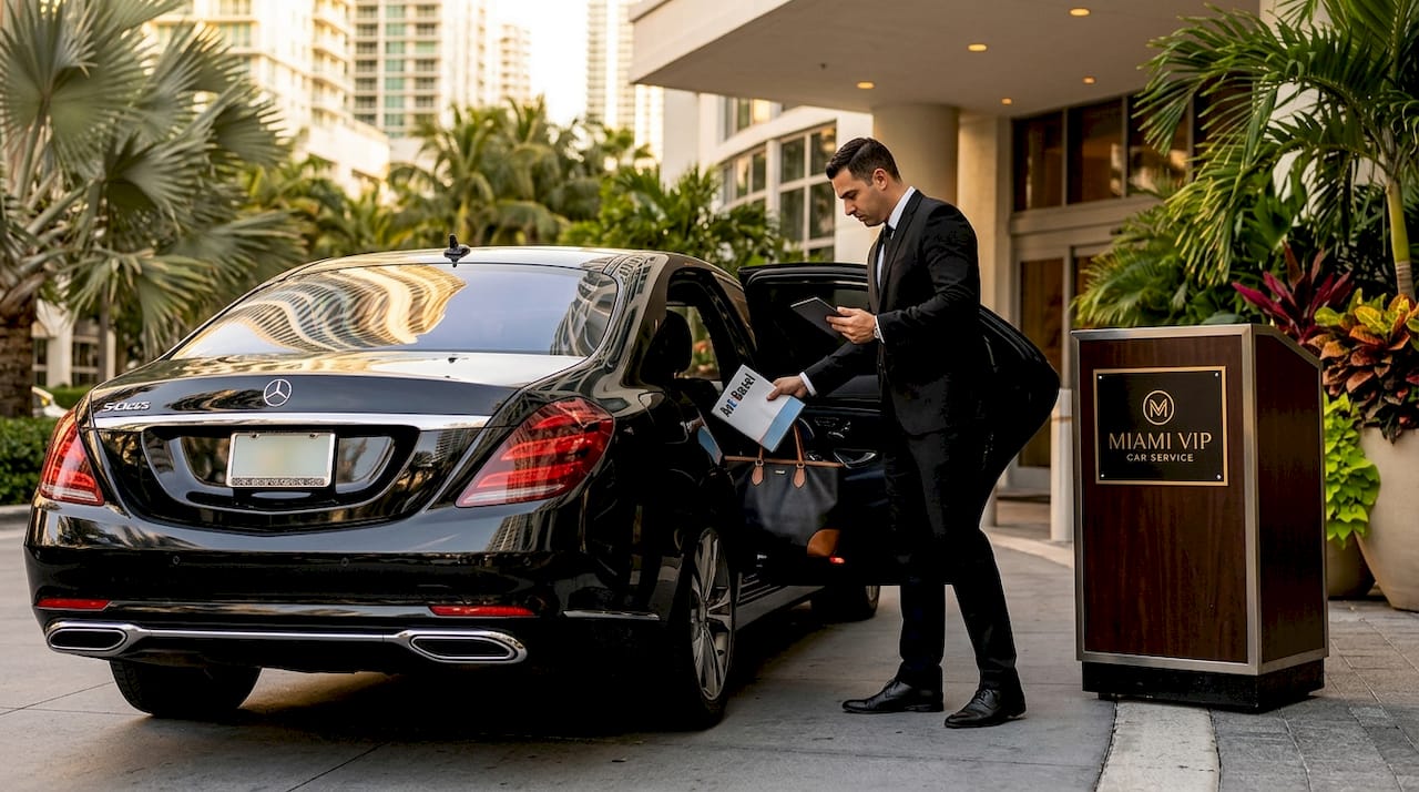 Miami VIP Car Service - 1778636279063 Chauffeur loads art fair materials into luxury sedan Chauffeur loads art fair materials into luxury sedan