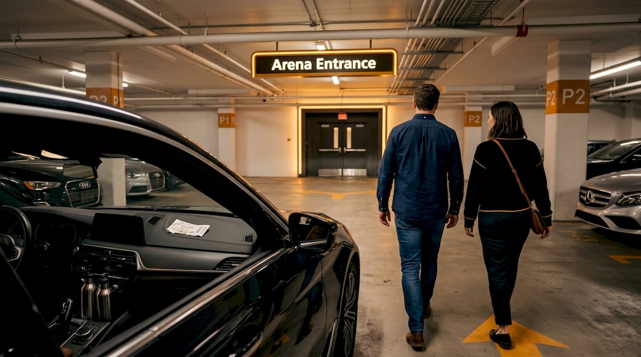 Friends leaving car inside P2 garage near arena