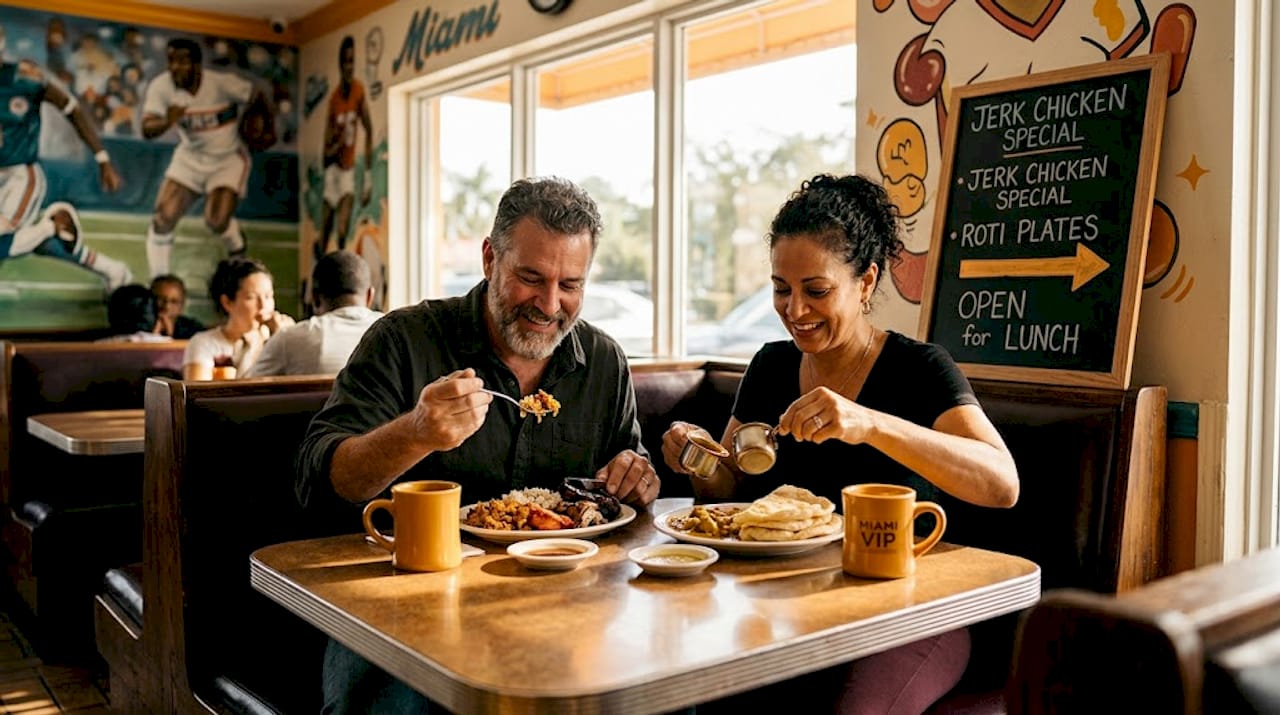 Couple enjoying meal at diner near stadium