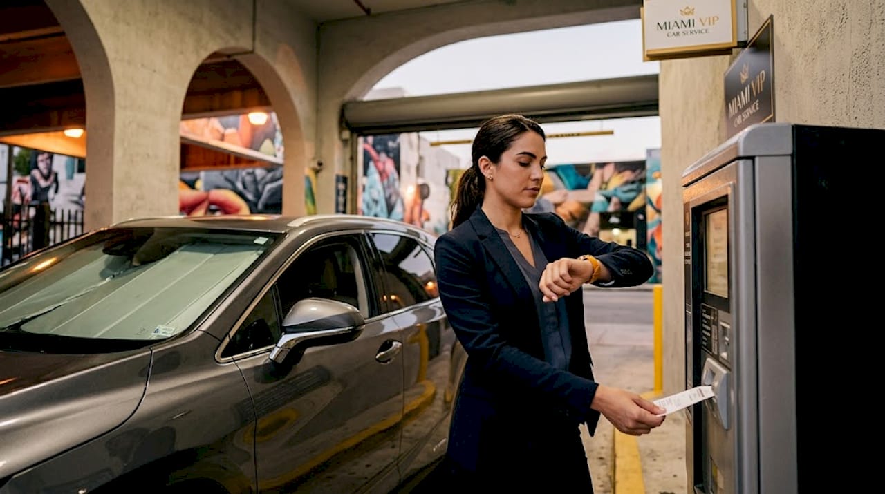 Miami VIP Car Service - 1778986674625 Woman entering Wynwood parking garage at dusk Woman entering Wynwood parking garage at dusk