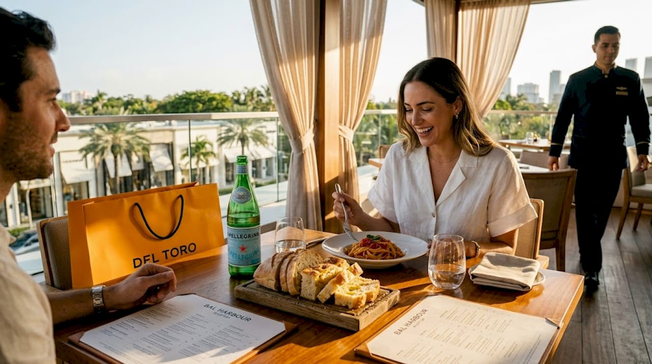 Friends dining outdoors at luxury shopping center