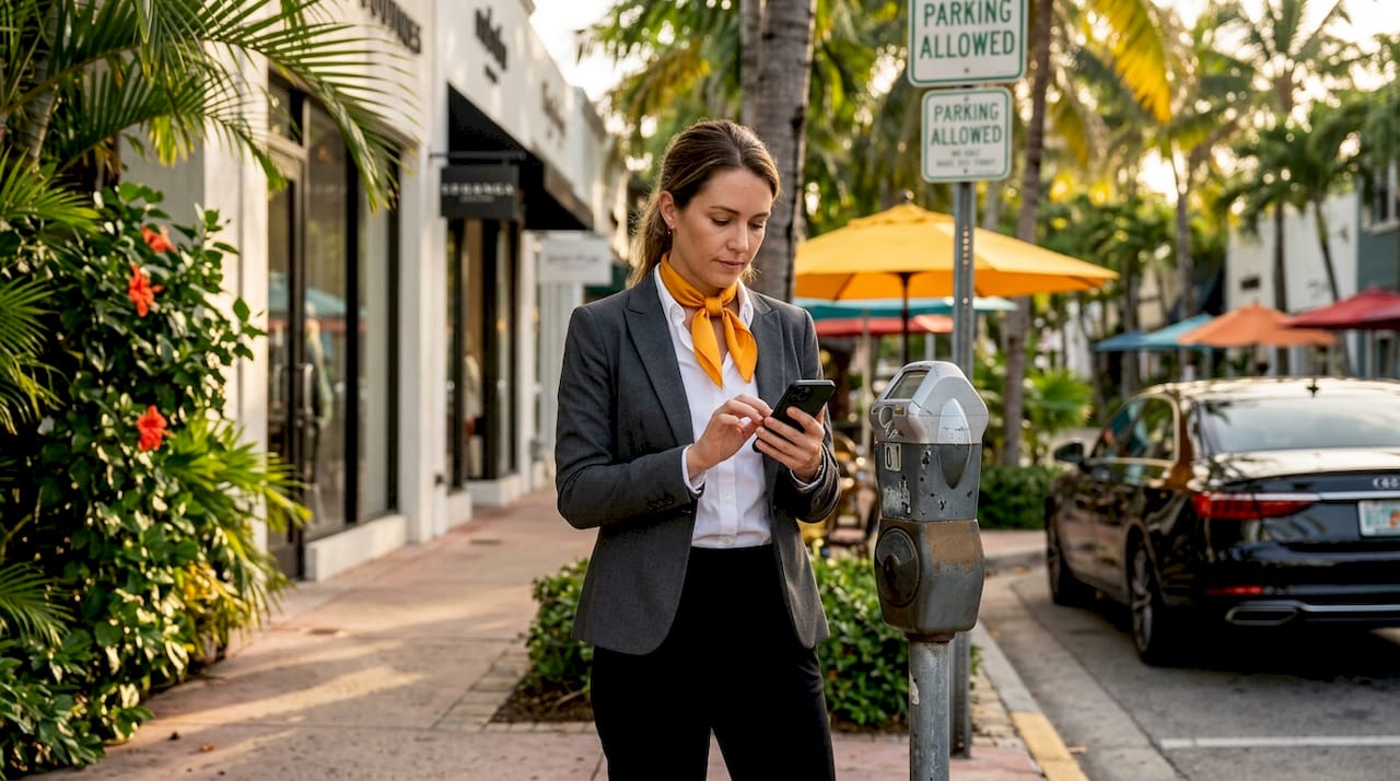 Woman using parking meter with phone