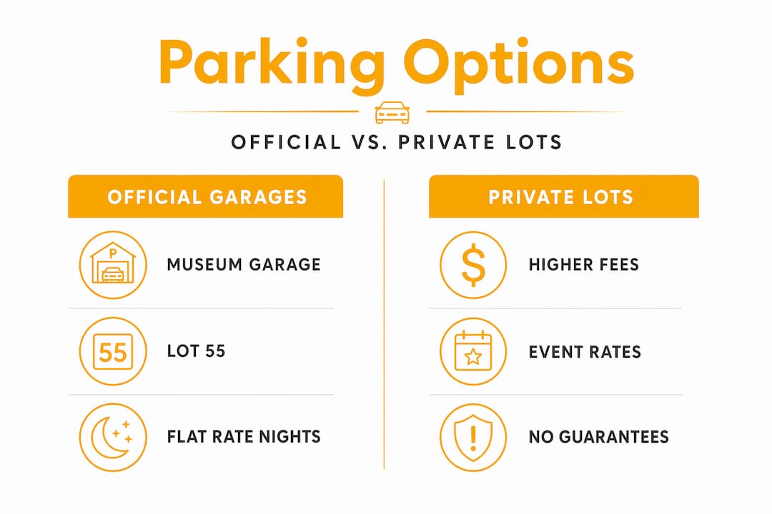 Infographic comparing official garages and private lots