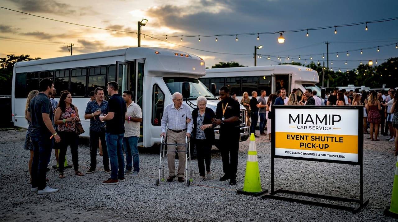 Shuttle buses loading guests at stadium event