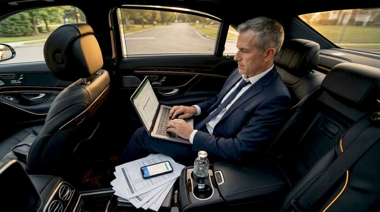 Executive working in limo backseat