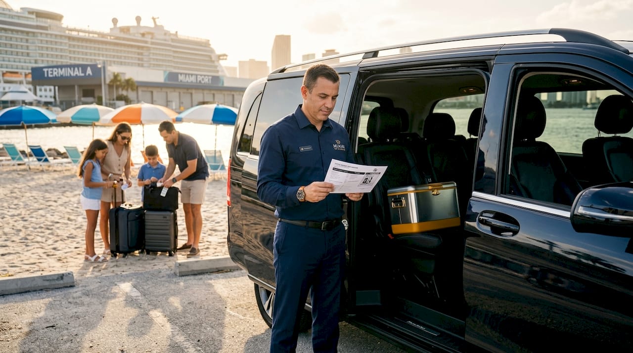 Driver checks cruise terminal details at airport