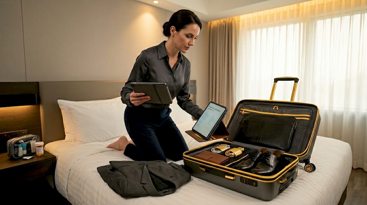 Executive checking packing list with open suitcase