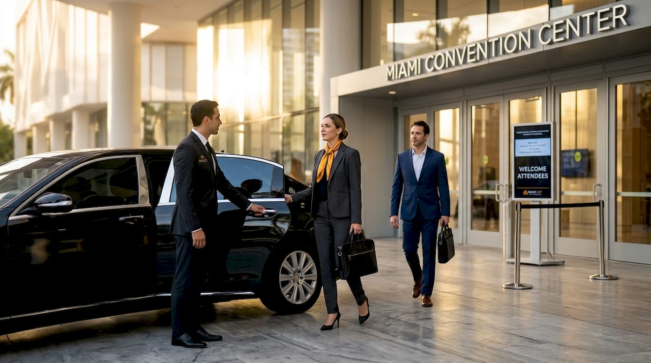 Chauffeur helping passengers from limousine