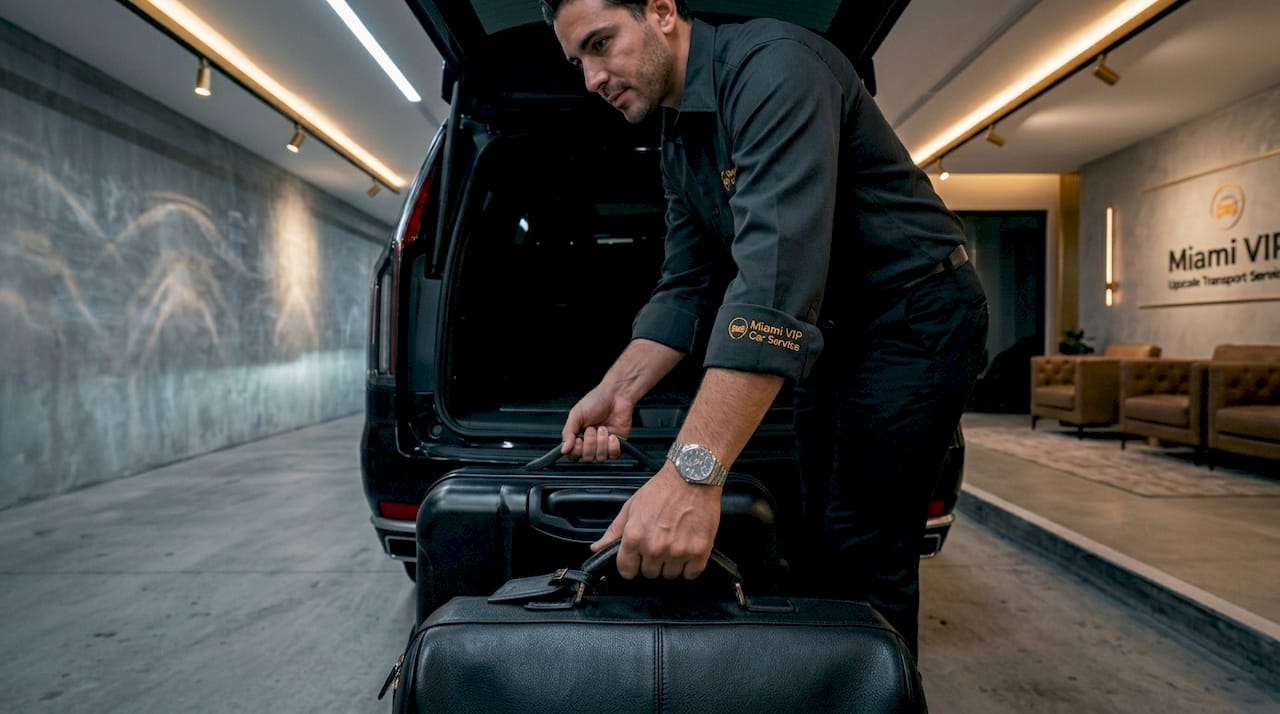 Hands loading luggage into luxury SUV trunk