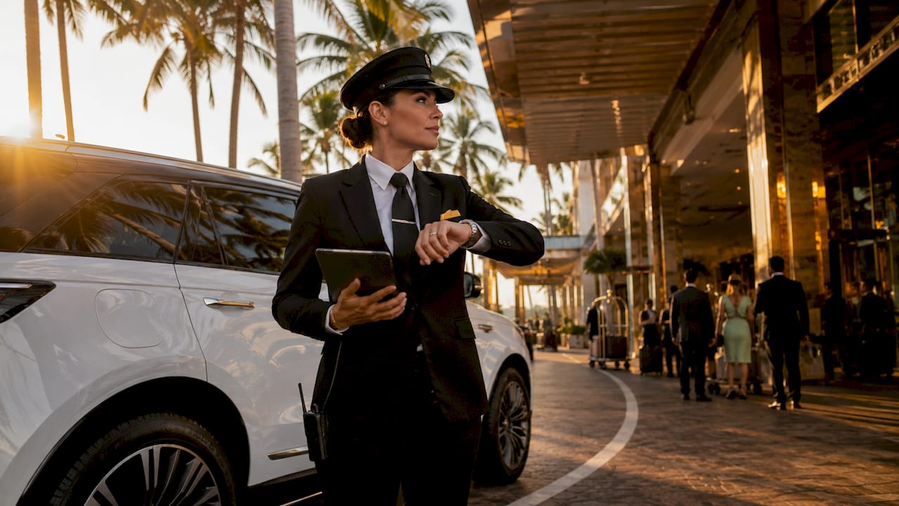 Chauffeur standing by luxury SUV at Fort Lauderdale airport curb