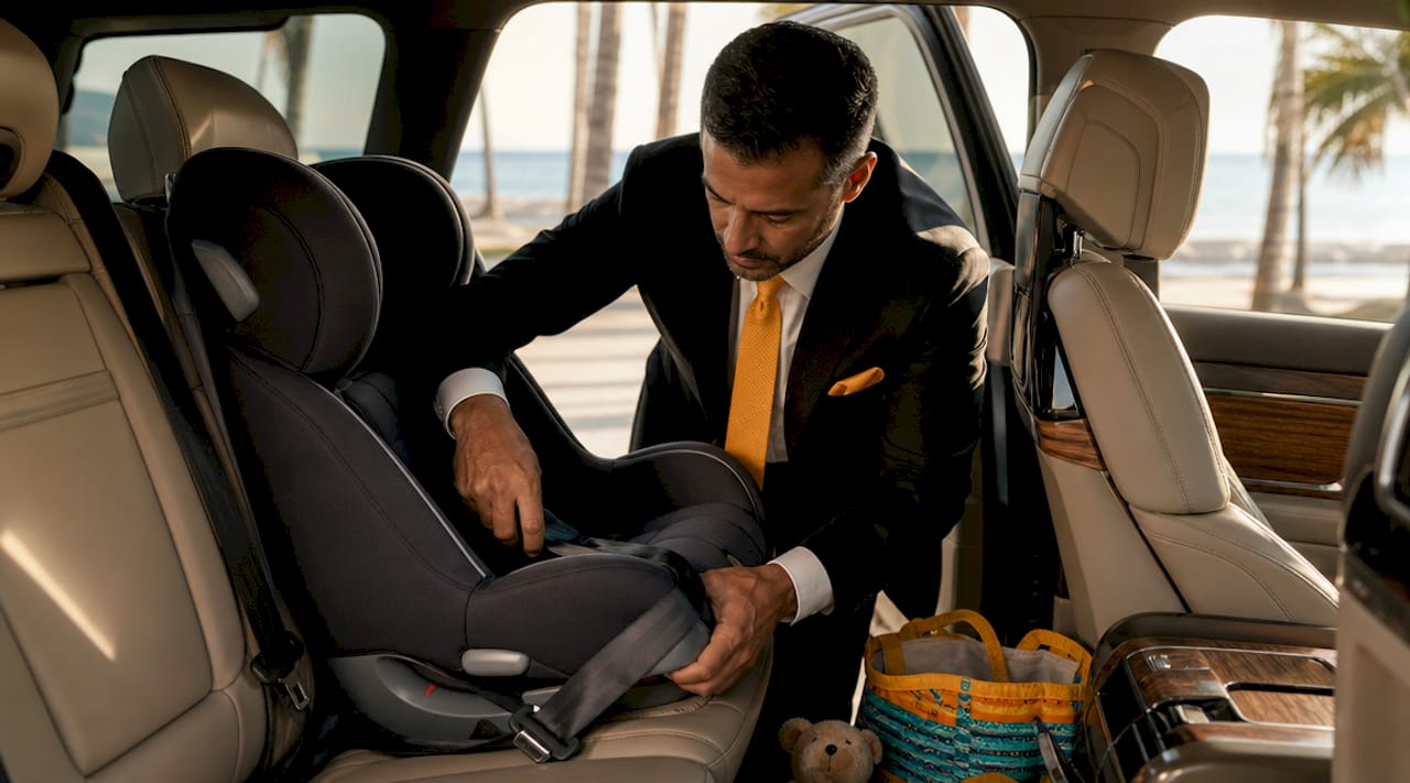 Chauffeur installing rear-facing child car seat inside car