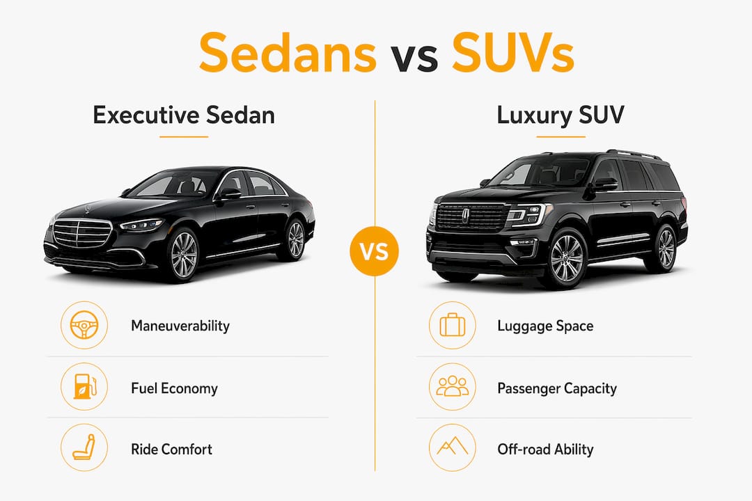 Comparison infographic of executive sedans and luxury SUVs