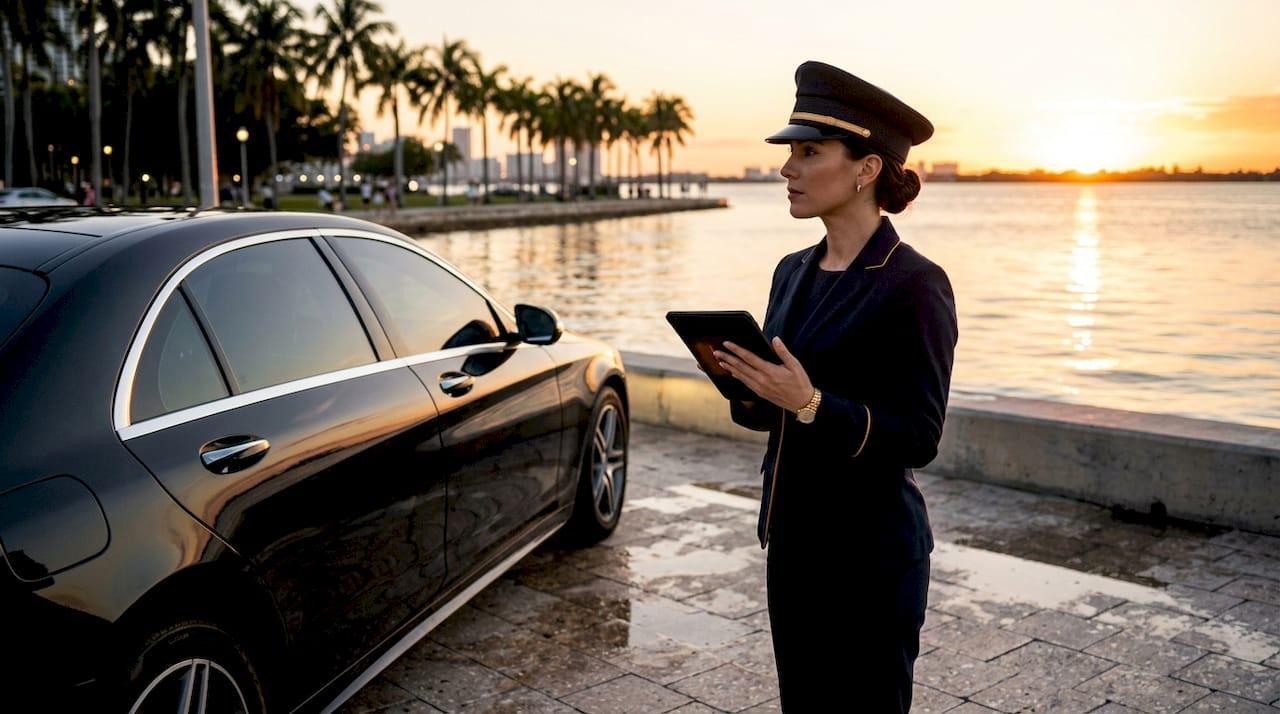 Professional chauffeur checking surroundings before pickup