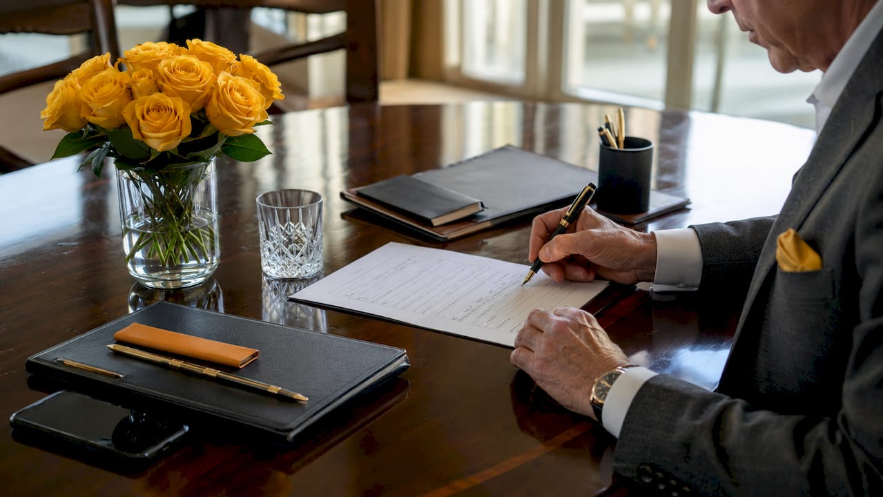 Overhead hands reviewing executive travel profile