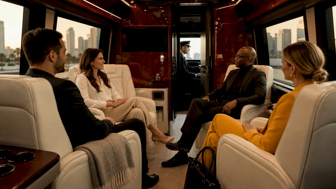 Interior of luxury shuttle bus with passengers