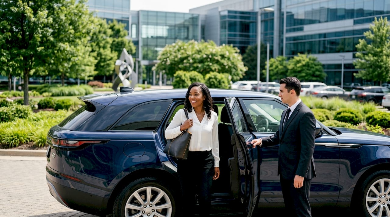 Executive exiting luxury SUV at corporate office