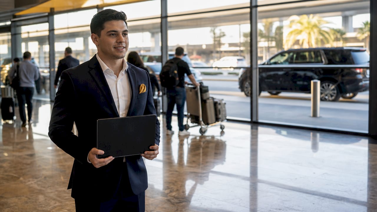 Private driver holding name board in airport arrivals