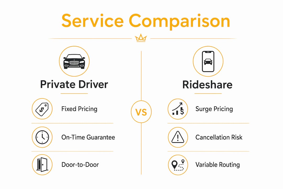 Infographic comparing private driver and rideshare services