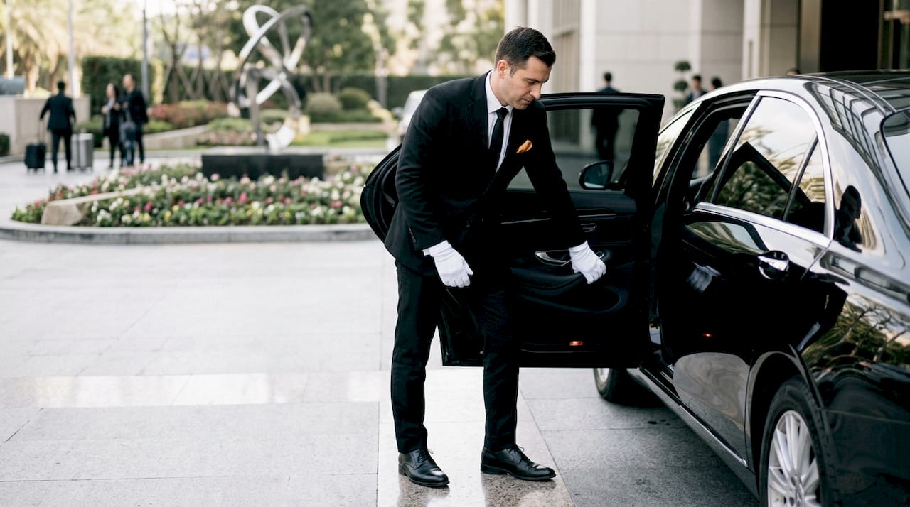 Chauffeur opening luxury sedan door at hotel