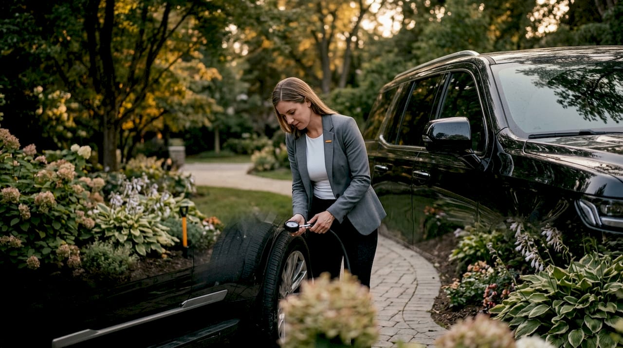 Chauffeur checking tire pressure on luxury SUV