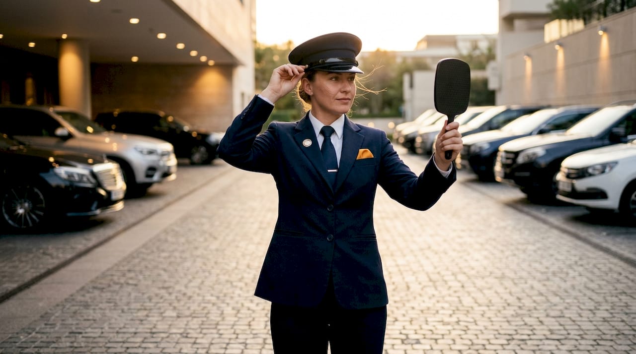 Miami VIP Car Service - 1782740443880 Female chauffeur adjusting uniform cap in garage Female chauffeur adjusting uniform cap in garage