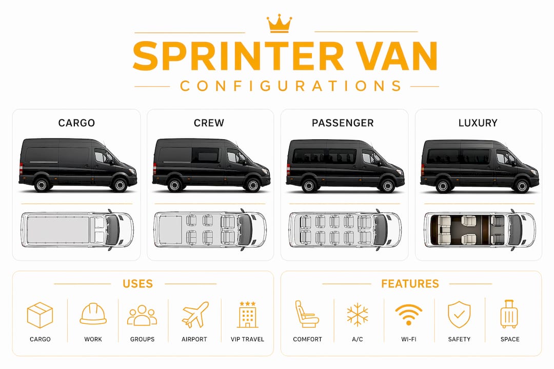 Infographic showing Sprinter van configurations and their uses