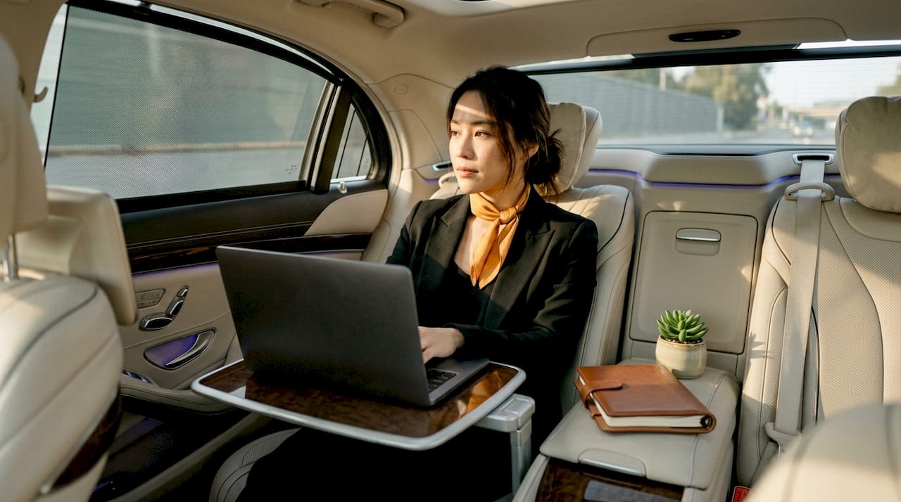 Executive working on laptop inside luxury sedan